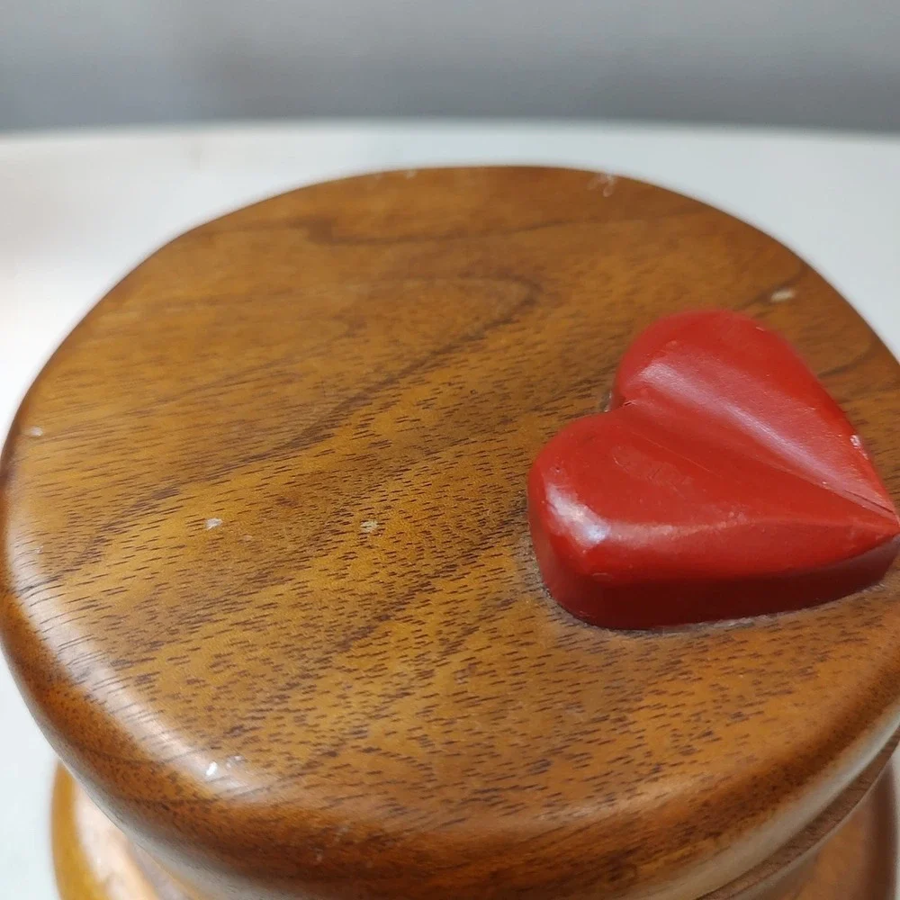 Vtg 3 Tier Round Wooden Swivel Jewelry Box With Lined Drawers Heart Country Core